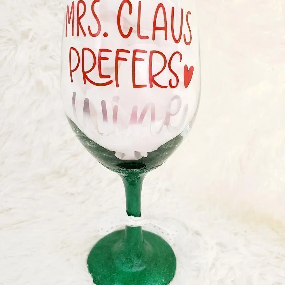 Mrs Claus Prefers Wine Green Glittered Stemmed Wine Glass, Funny Christmas Glass